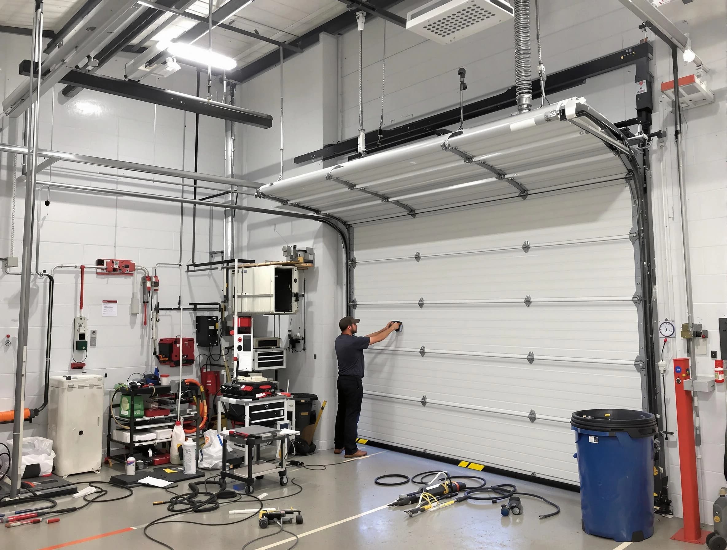 Plainsboro Garage Door Repair certified technician performing commercial door repair at a Plainsboro business facility