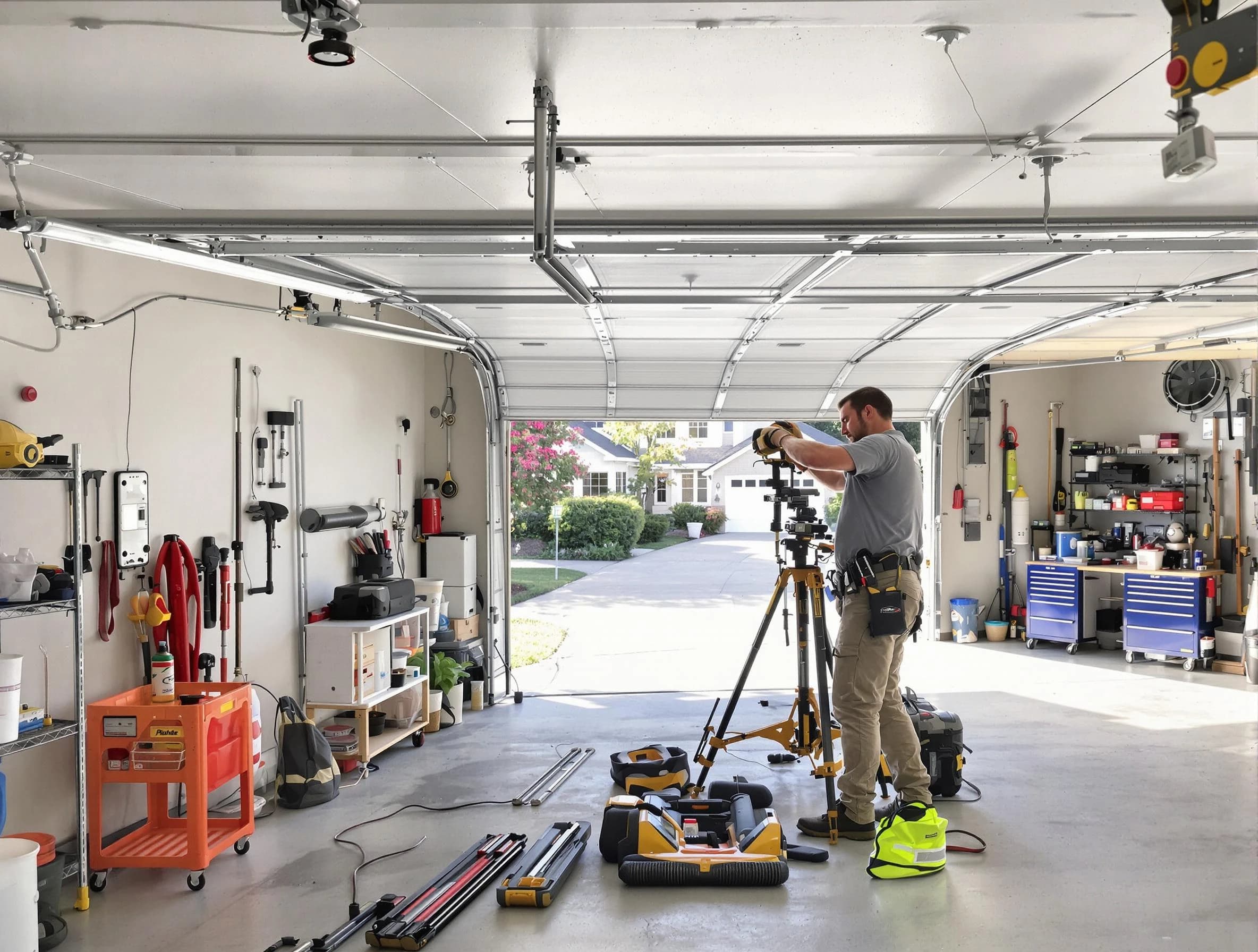 Plainsboro Garage Door Repair specialist performing laser-guided track alignment in Plainsboro