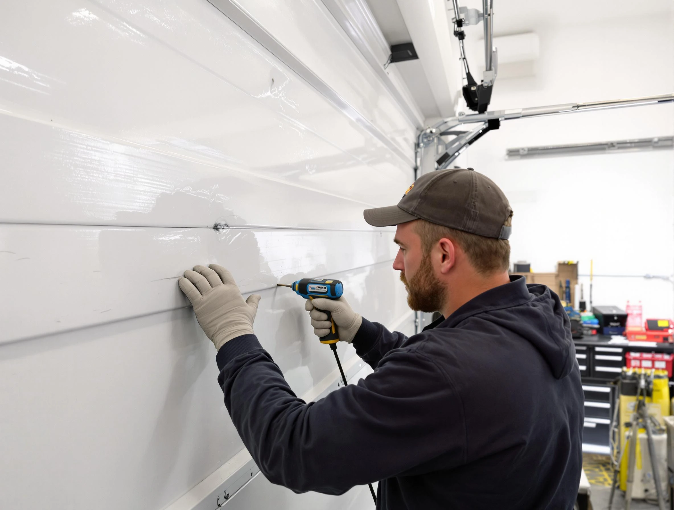 Plainsboro Garage Door Repair technician demonstrating precision dent removal techniques on a Plainsboro garage door