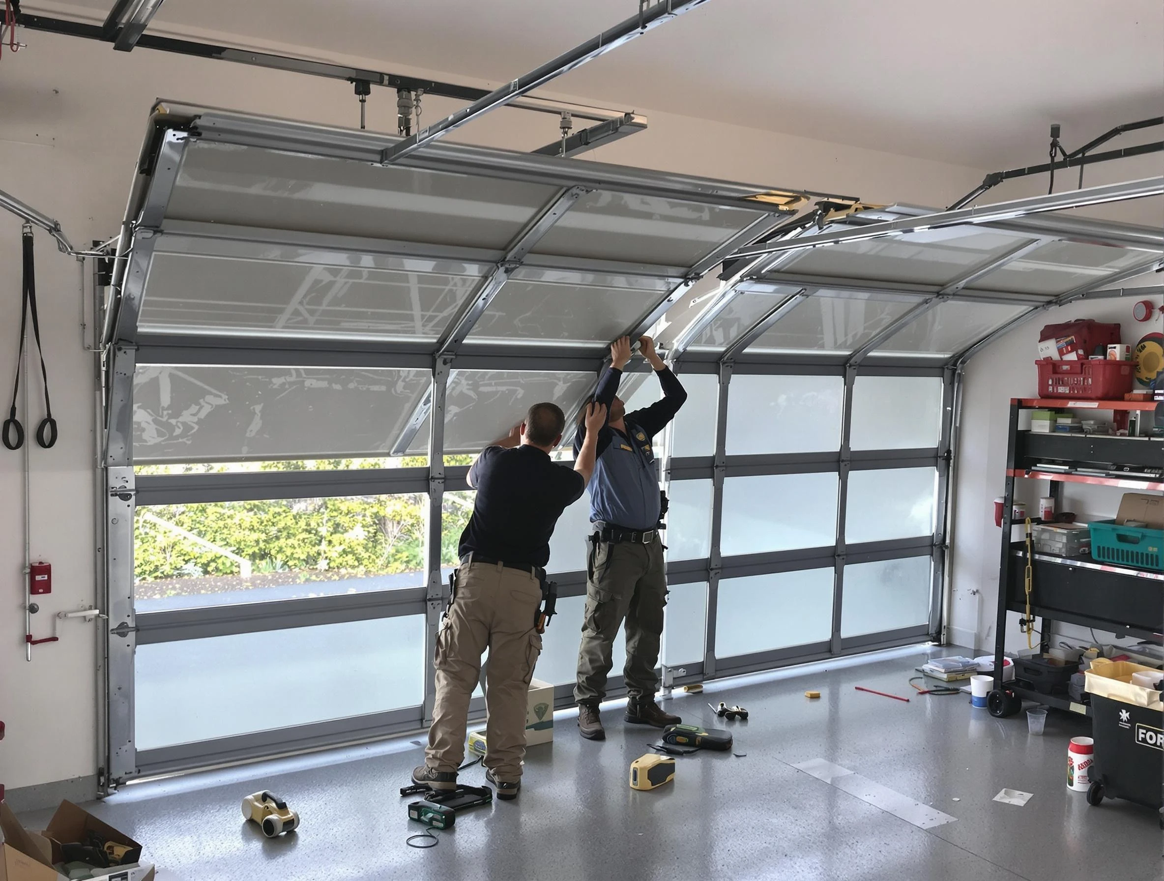 Plainsboro Garage Door Repair expert performing precise panel replacement on Plainsboro garage door